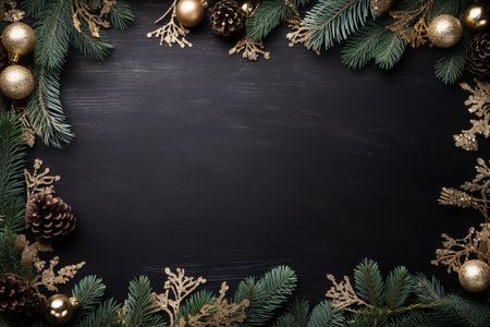 Christmas frame of golden and blue Christmas decorations on  chalk board , AI generatedの素材