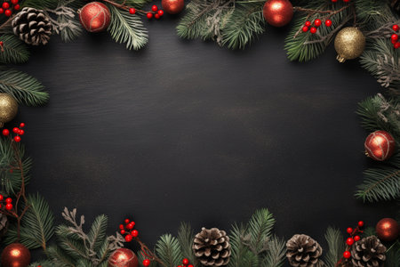 Christmas frame of golden and blue Christmas decorations on  chalk board , AI generatedの素材