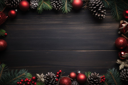 Christmas frame of golden and blue Christmas decorations on  chalk board , AI generatedの素材