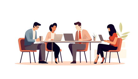 Minimalist character illustrations with a group of people sitting at a table, AI generatedの素材