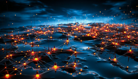 Abstract Connected network graphic on a black screen, AI generatedの素材
