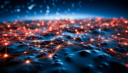 Abstract Connected network graphic on a black screen, AI generatedの素材