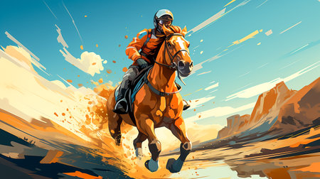 Cute Jockey characters is riding his horse , minimalist style, AI generatedの素材