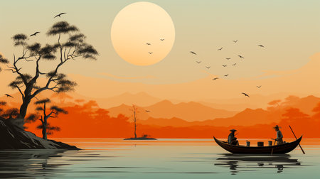The ferryman on his boat on the River , minimalist style , AI generatedの素材