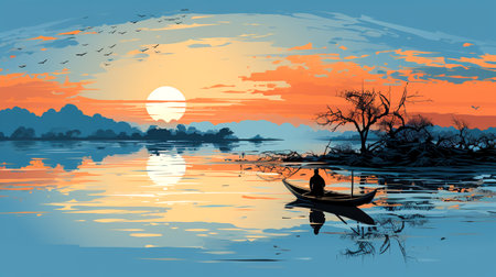 The ferryman on his boat on the River , minimalist style , AI generatedの素材