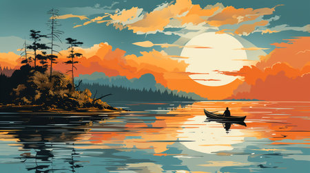 The ferryman on his boat on the River , minimalist style , AI generatedの素材