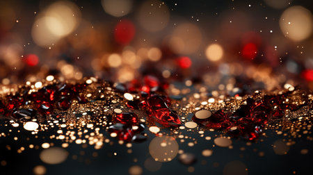 Abstract background Gold and red glitter sparkle on black background, AI generatedの素材