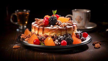 Studio shot of Fruitcake on a table, photo realistic style , AI generatedの素材