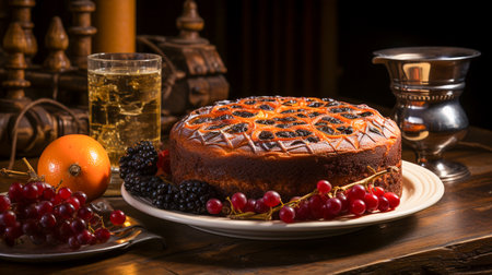 Studio shot of Fruitcake on a table, photo realistic style , AI generatedの素材