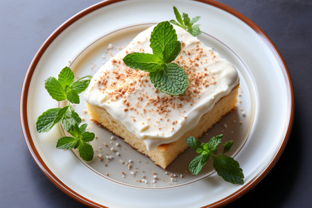 Tres Leches Cake, Traditional cake from Latin America on table ,top view,  photo realistic, AI generatedの素材
