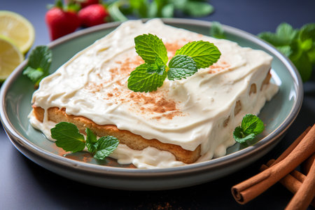 Tres Leches Cake, Traditional cake from Latin America on table ,top view,  photo realistic, AI generatedの素材