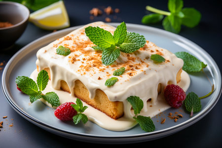 Tres Leches Cake, Traditional cake from Latin America on table ,top view,  photo realistic, AI generatedの素材