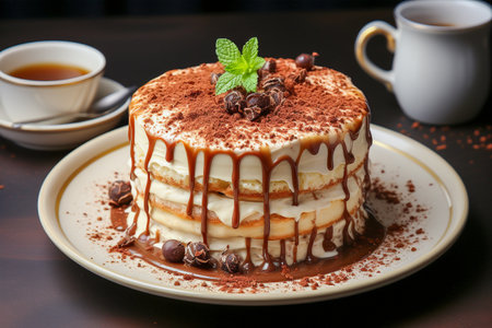 Tiramisu , A coffee-flavoured Italian dessert. on table ,top view,  photo realistic, AI generatedの素材