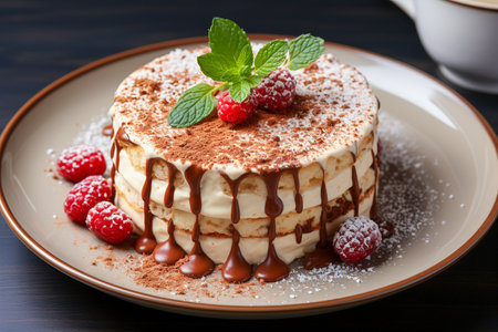Tiramisu , A coffee-flavoured Italian dessert. on table ,top view,  photo realistic, AI generatedの素材