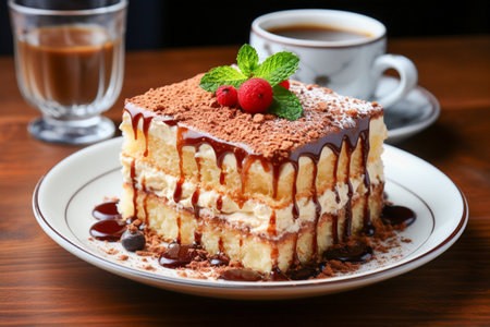 Tiramisu , A coffee-flavoured Italian dessert. on table ,top view,  photo realistic, AI generatedの素材