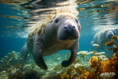 Dugong swimming underwater with seagrass. photo realistic , AI generatedの素材