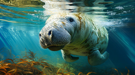 Dugong swimming underwater with seagrass. photo realistic , AI generatedの素材