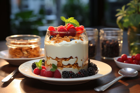 Greek Yogurt Parfait with Berries and Honey on table with kitchen background , photo realistic, AI generatedの素材