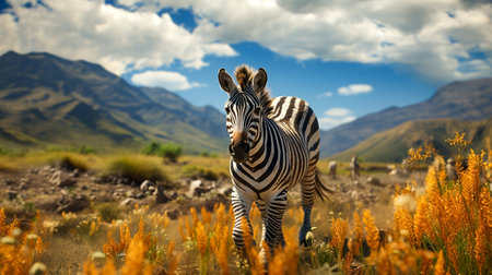 Zebra walking on grass field with mountain background , photo realistic, 4K resolution , wide angle, AI generatedの素材