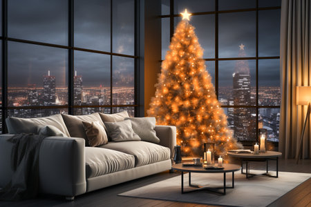 Christmas tree decorated with glowing lights in living room minimalist style, photo realistic,  AI generatedの素材