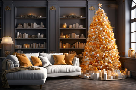 Christmas tree decorated with glowing lights in living room minimalist style, photo realistic,  AI generatedの素材