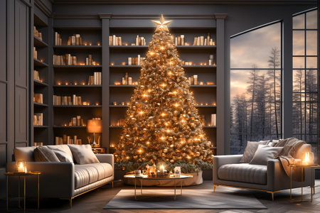 Christmas tree decorated with glowing lights in living room minimalist style, photo realistic,  AI generatedの素材