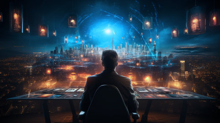 Businessman sitting on a chair with his back turned touching on infographic hud panel, futuristic, photography, on blue background , AI generatedの素材