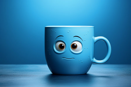 A blue cup with a sad face drawn on a blue background , Blue monday concept, Photo realistic, AI generatedの素材