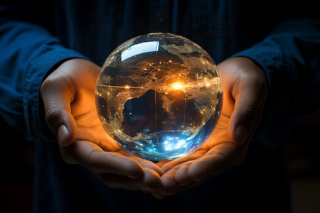 The world held in two substantial hands , Earth Hour concept, AI generatedの素材