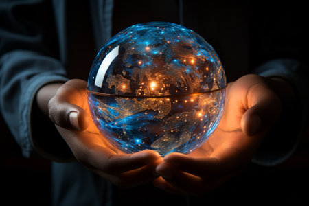 The world held in two substantial hands , Earth Hour concept, AI generatedの素材