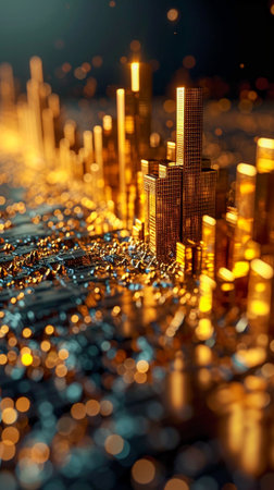 Gold 3D rising graph on digital screen , black background , AI generatedの素材