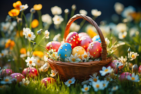 Easter Eggs on Green Grass and Sunny Spring Background, Photo realstic,  AI generatedの素材