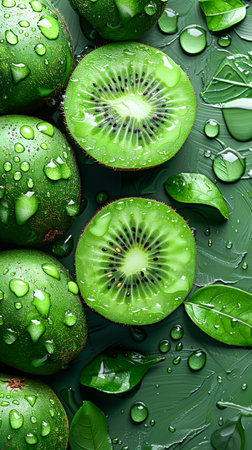 Kiwi fruit background and space for text , Photorealistic , minimalist style , AI generatedの素材