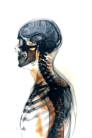 Human head x-ray film ,focused on the x-ray film,on white background, AI generatedの素材