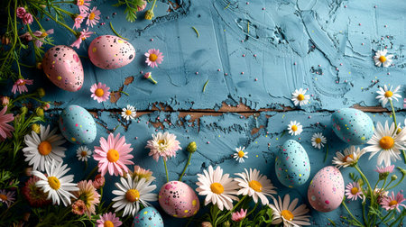 Top view of a wooden table, on top of it there are small eggs colored in pastel paintings, AI generatedの素材