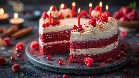 Red Velvet Cake, happy birthday cake with birthday candles against a dark background , and copy space for text , AI generatedの素材