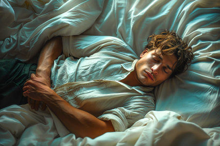World sleep day concept , A man sleep on the bed .Photorealistic, Top view , AI generatedの素材