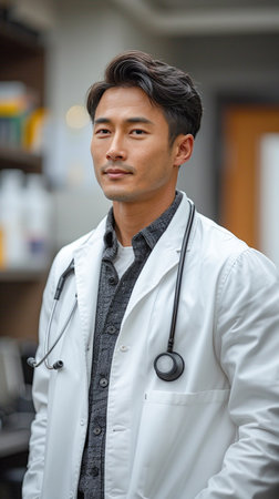 A male doctor in a white lab coat discussing test results with a patient in a modern clinic.の素材