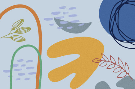 A modern abstract composition featuring soft pastel hues, curved organic shapes, and botanical elements.の写真素材