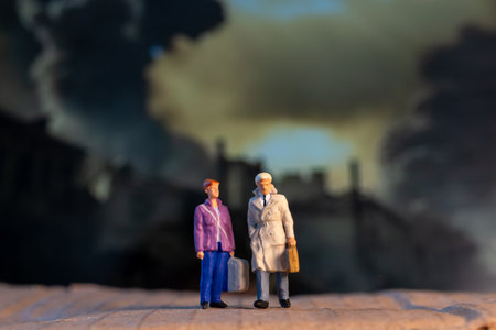 Miniature figures carrying luggage walk against a somber backdrop, symbolizing displacement and the...