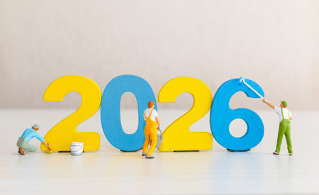 Miniature People Painting Colorful 2026 Numbers , New Year Creative Concept