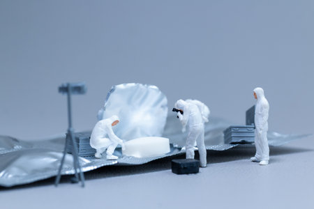 Creative conceptual image showing tiny figurines of forensic investigators examining a pill on an opened blister packの写真素材