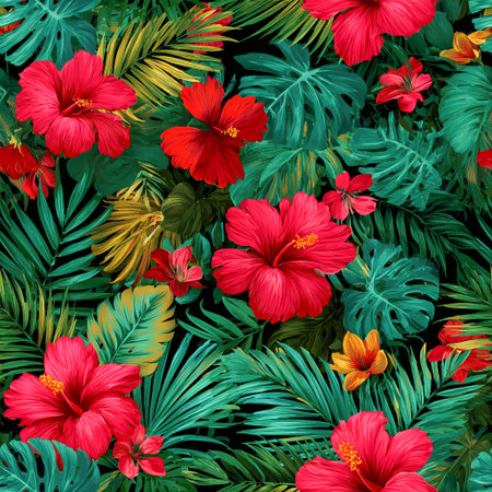 A seamless tropical floral pattern featuring hibiscus flowers, monstera leaves, and palm fronds in bold, vibrant colorsの素材