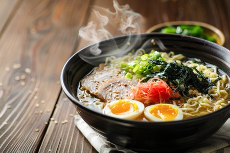 Photorealistic image of a hot bowl of Japanese ramen featuring chashu pork, soft-boiled egg, seaweed, and rich broth. Perfect for food, culinary, and Asian cuisine themesの素材
