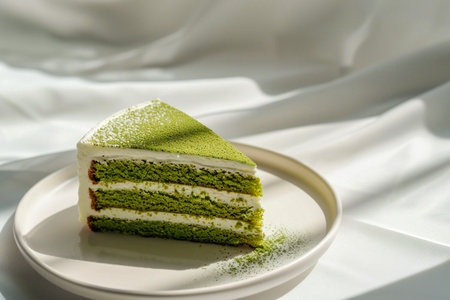 A slice of matcha green tea cake served on a plate, showcasing vibrant green layers and soft texture, perfect for dessert and bakery-themed designsの素材