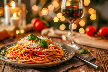 Photorealistic image of a homemade spaghetti plate with tomato basil sauce and grated parmesan, placed on a rustic wooden table with a wine glassの素材