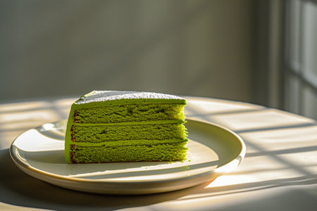 A slice of matcha green tea cake served on a plate, showcasing vibrant green layers and soft texture, perfect for dessert and bakery-themed designsの素材