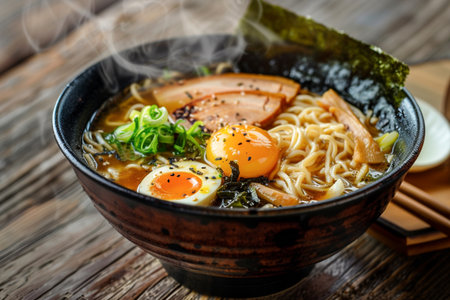 Photorealistic image of a hot bowl of Japanese ramen featuring chashu pork, soft-boiled egg, seaweed, and rich broth. Perfect for food, culinary, and Asian cuisine themesの素材