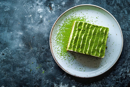 A slice of traditional Japanese matcha cake on a clean, minimalist background.の素材