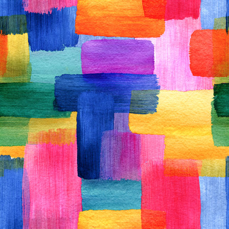 Seamless pattern featuring bold watercolor brushstrokes in vibrant colors over a textured artistic paper backgroundの素材
